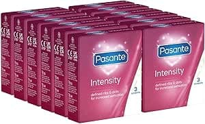 Pasante Intensity, knottriga och räfflade kondomer med anatomisk passform för spännande nöje, 12 x 3 stycken – Bäst i test – knottriga kondomer bäst i test 2026
