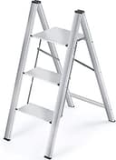 KINGRACK Trappstege med 3 steg, vikbar stege i aluminium, bärbar smal köksstege, säker hushållsstege, trappstege med multifunktion, silver