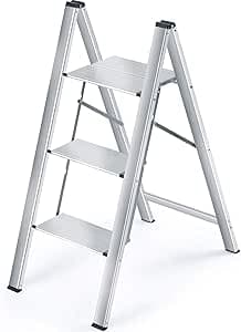KINGRACK Trappstege med 3 steg, vikbar stege i aluminium, bärbar smal köksstege, säker hushållsstege, trappstege med multifunktion, silver