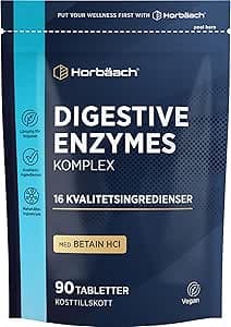 Matsmältningsenzymer med Betain HCl | Kosttillskott Som Ger Laktas och Proteas | 90 Veganska Tabletter | Digestive Enzymes Supplements | av Horbaach