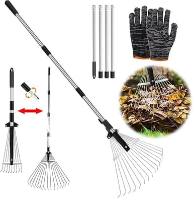 lövkvast, trädgårdskratta, med 215 cm justerbar metallstång och handskar, lövbrott, kvast och räfsa, gräsmatta räfsa, gräsmatta för rengöring av växter