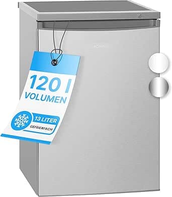Bomann® Kylskåp med frys | litet kylskåp med 120 l nettokapacitet | kylning 107 l och frysning 13 l | kylskåp med 3 dörrhyllor och 2 glashyllor | utbytbart dörrstopp | KS 2184.1 inox – Bäst i test – kyl-frys kombi bäst i test 2026