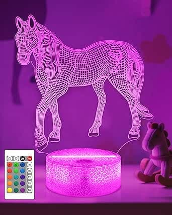 Häst 3D Illusion Lampa,Attivolife Häst Natt Ljus med Fjärrkontroll + Timer 16 Färgbyte Skrivbord Lampor Barn Djur Rum Dekor Ansluta Bäst Häftigt Festival Födelsedag Gåvor för Pojkar Män Barn