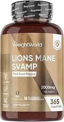 Lions Mane Mushroom 365 tabletter - 2000 mg per tablett - Lions Mane Mushroom (Hericium Erinaceus) - 25:1 extrakt med svartpeppar 30 mg - 1 års förbrukning - WeightWorld