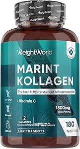 Kollagen med Vitamin C – 1800 mg marint kollagenhydrolysat per portion – Kollagenpeptider typ 1 & 3 – 180 tabletter – Marint kollagen – 2 månaders förråd – Kosttillskott från WeightWorld
