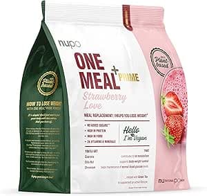 NUPO One Meal Prime Vegan Shake – Jordgubbe I kosttillskottsskaka för bantning I Läcker måltidsersättning pulver för effektiv viktminskning I 360 g I utan tillsats av socker I rik på protein