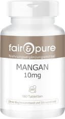 Fair & Pure Mangan 10mg, 180 stycken, 10mg mangan per tablett, veganskt kosttillskott utan tillsatser, tillverkat i Tyskland