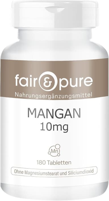 Fair & Pure Mangan 10mg, 180 stycken, 10mg mangan per tablett, veganskt kosttillskott utan tillsatser, tillverkat i Tyskland