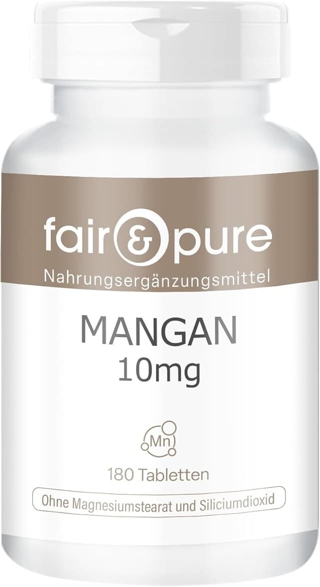 Fair & Pure Mangan 10mg, 180 stycken, 10mg mangan per tablett, veganskt kosttillskott utan tillsatser, tillverkat i Tyskland – Bäst i test – mangantillskott bäst i test 2026