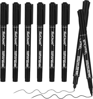 Jeffdad 6 stycken permanenta markörer, fin, 0,5/1,0 mm, dubbelspets, permanent märkpenna, svart vattentät, filtpennor med fin spets, permanent markör, tunn för glas, sten, trä, keramik, teckning