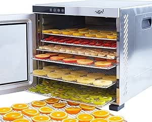 Vita5 Mattork i Rostfritt Stål med 10 Brickor - Torkmaskin för kött. frukt. grönsaker och svamp - 24 Timmars Timer och Justerbar Temperatur 35-75°C - 1000W