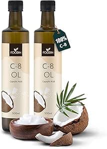 FOODIN MCT-olja C8, 1000 ml kokosolja, bäst för ketogen kost, MCT-oljeketoner för att dricka, 3x fler ketoner (100% C8), kokosolja flytande och smaklös (2x500ml)
