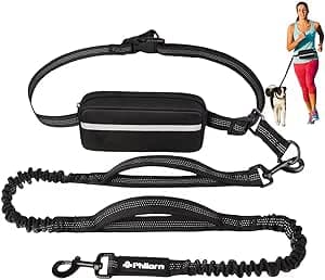 Philorn Handfree hundkoppel med påse, justerbart midjekoppel för hundpromenader, springkoppel för medelstora hundar, midjekoppel med dubbla handtag och hållbar bungee för jogging vandring