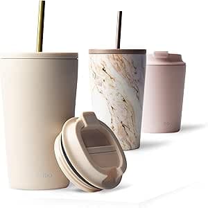MAMEIDO termomugg med sugrör 470ml - Dryckesmugg med lock och sugrör tillverkad av rostfritt stål dubbelväggig isolerad, läckagesäker - Coffee to go-mugg (Ivory Beige, 0,47l)