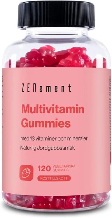 Multivitamin och mineral-gummies, för barn, kvinnor och män, 120 Gummies | Naturlig jordgubbssmak | med 13 vitaminer och mineraler | Gelatinfri, Vegetarisk, Glutenfri | Zenement