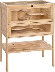 tectake 403246 hamsterbur av trä, smådjursbur med flera våningar, musbur med öppningslock, gnagarbur inkl. vikbar ramp, för små gnagare, 60 x 40 x 80 cm