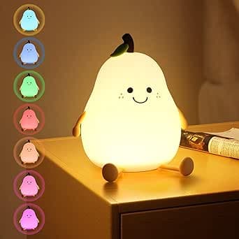 URAQT Söt päronnattlampa, mjuk silikon LED-nattlampa för barn, USB-uppladdningsbar sänglampa med variabel intensitet, 7 färger mini bord för pojkar och flickor – Bäst i test – nattlampa bäst i test 2026
