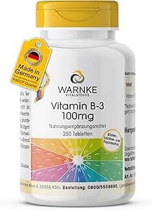 Vitamin B3 100mg – 250 tabletter – 100mg vitamin B3 niacin per tablett – nikotinamid – HÖG DOS – Tysk apotekskvalitet – vegan | Warnke Vitalstoffe – Bäst i test – niacin bäst i test 2026