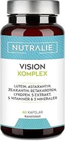 Vision Complex Lutein + Zeaxanthin + Astaxanthin - Vitamin C E och A - För ögon - Komplex 18 Ingredienser med Zink Selenium Koppar Lycopeno + Thiamine Riboflavin - 60 Kapslar Nutralie
