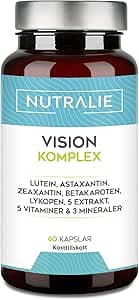 Vision Complex Lutein + Zeaxanthin + Astaxanthin - Vitamin C E och A - För ögon - Komplex 18 Ingredienser med Zink Selenium Koppar Lycopeno + Thiamine Riboflavin - 60 Kapslar Nutralie – Bäst i test – ögonvitamin bäst i test 2026