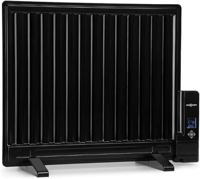 oneConcept Wallander - Oljekylare, oljevärmare, 600 W, oändligt variabel termostat, veckotimer, LED-display, ultraplatt, överhettningsskydd, timer, stativ eller väggmontering, svart – Bäst i test – oljefyllt element bäst i test 2026