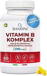Bandini® Vitamin B Complex - 60 kapslar (2 månader) - Grupp B-vitaminer med folsyra, biotin, B1, B2, B3, B5, B6, B7 B12, PABA, Betain, Kolin, Inositol - Immunförsvarstillskott – Bäst i test – paba bäst i test 2026