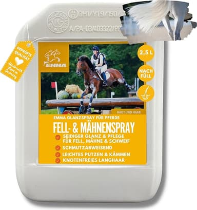 EMMA Mansspray häst 2,5 l kapsel, svans och mansspray för hästar I glansspray och detangler mot knutar och tovor I pälsvård häst – lätt kamning och smutsavvisande långsiktigt skydd