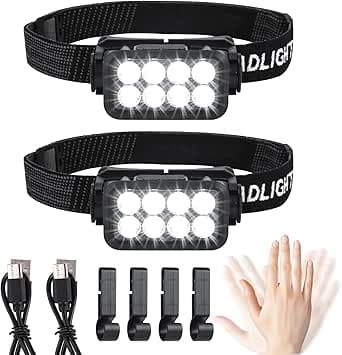 Pannlampa LED uppladdningsbar 2 stycken, superljus 2500 lumen 5 ljuslägen lätt IPX6 vattentät lätt sensor pannlampa, pannlampor för utomhus camping löpning fiske, för barn vuxna – Bäst i test – pannlampa för barn bäst i test 2026