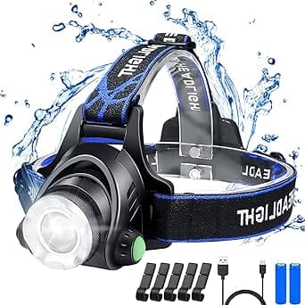 flintronic LED-pannlampa, USB-laddningsbar COB pannlampa med en huvudlampa, IP64 vattentät, zoombar, 3 lägen 90° roterande 800 lumen strålkastare för löpning/cykling/fiske/camping (2 x 18650 batteri ingår) – Bäst i test – pannlampa bäst i test 2026