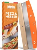 Pizza Mondo® Pizzaskärare - Professionell pizzakniv (pizza cutter) effektivare än pizzahjul | Pizzakniv i rostfritt stål 32cm med trähandtag | Snabb och jämn skärning.