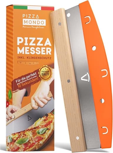 Pizza Mondo® Pizzaskärare - Professionell pizzakniv (pizza cutter) effektivare än pizzahjul | Pizzakniv i rostfritt stål 32cm med trähandtag | Snabb och jämn skärning.