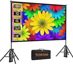 TOWOND 120 tums projektorskärm och stativ, 16:9 HD bärbar justerbar projektionsskärm inomhus utomhus och bakre projektion, bärväska ingår för hem, trädgård och camping – Bäst i test – projektorduk bäst i test 2026