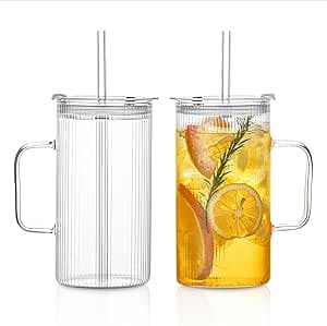 INSETLAN 760 ml stora ribbade glaskoppar med handtag och lock – uppsättning av 2, klara glaskoppar med återanvändbara sugrör, vertikala ränder design – perfekt för iskaffe, te, smoothies