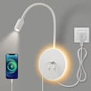LED-vägglampa, svanhals läslampa vid sängkanten med strömbrytare, USB-laddningsport, sänglampa justerbar spotlight för sovrumsbelysning (3W naturligt ljus + 9W varmt ljus) Med kontakt,Vit