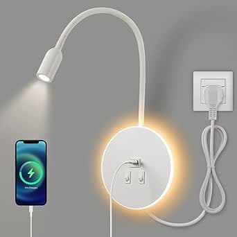 LED-vägglampa, svanhals läslampa vid sängkanten med strömbrytare, USB-laddningsport, sänglampa justerbar spotlight för sovrumsbelysning (3W naturligt ljus + 9W varmt ljus) Med kontakt,Vit