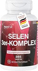 Selen 3-komplex - 365 tabletter, vardera innehållande 200µg - Komplex av selenjäst, selenometionin och natriumselenit - Hög dos - 100% veganskt - Tysk produktion och laboratorietester - NutriFair