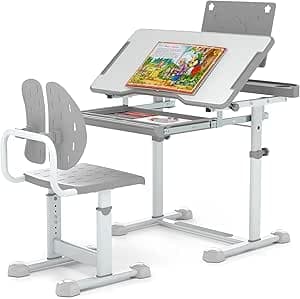 COSTWAY Skrivbord barn med stol, barnskrivbord, höjdjusterbart med lutbar bordsskiva, ungdomsskrivbord med låda och bokstativ för skolnybörjare från 3 år (grå)