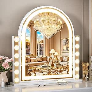FENCHILIN Belyst sminkspegel 59,5x57 cm Hollywoodspegel med 12 dimbara lampor och ljusramp, 3 färglägen, bågformad spegel med pekkontroll, HD-härdat glas, vit