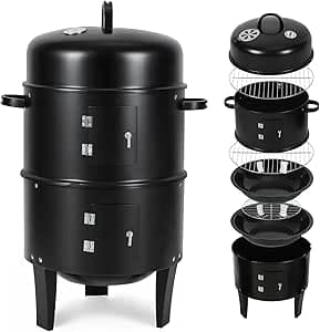 3 i 1 rökugn smoker grill med termometer, träkol rökelsetunna med 2 dörrar, 2 nivåer och justerbar ventilationslapp, kompakt BBQ träkolgrill för trädgård, balkong och camping – Bäst i test – smoker bäst i test 2026