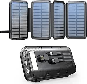 Solkraftbank 20 000 mAh,solcellsladdare med 3 kablar QC4.0 22,5 W USB C 20 W snabbladdningsfunktion, med 4 solpaneler och 3 LED-ficklampa för smartphones surfplattor camping