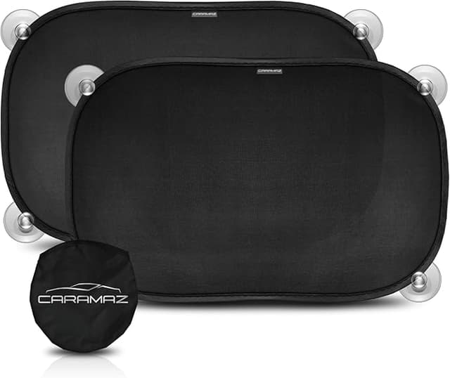 CARAMAZ Solskydd, bil, baby, med UV-skydd, Reach-certifierad – Opti-Dark – GSM100 inkl. sugkopp, mörkläggning, 51 x 31 cm, 2 stycken – Bäst i test – solskydd bil bäst i test 2026