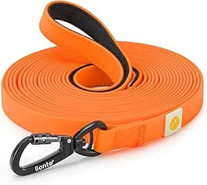 lionto väderbeständig spårlina med 360° säkerhetskarbinhake, 10 m, med väska & vadderad handögla, slitstark hundlina av nylon med PVC-beläggning för hundträning, orange