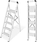 KINGRACK Aluminium 5-stegsstege, lätt stegpall med halkfria pedaler, ledstång, vikbar stegstege för kök, garage, hus, utrymmesbesparande, stabil och bärbar, silver