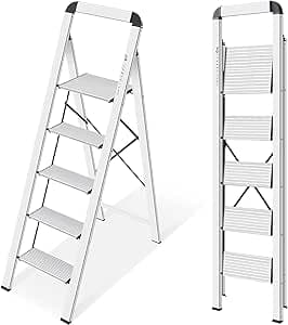 KINGRACK Aluminium 5-stegsstege, lätt stegpall med halkfria pedaler, ledstång, vikbar stegstege för kök, garage, hus, utrymmesbesparande, stabil och bärbar, silver – Bäst i test – stegpall bäst i test 2026