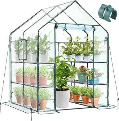 Ohuhu Växthus med hyllor för utomhusbruk, promenad i växthus plast växthus med 12 hyllor, slitstark växthus med markpinnar och rep för stabilitet 145 x 145 x 195 cm transparent