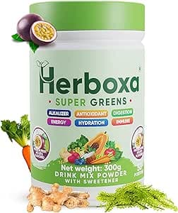 Herboxa Super Greens Pulver med citron- och myntasmak 50 portioner med cikoriaröta, zink och kromgrönt superfood för energi och välbefinnande (300, Passionsfruktsmojito)