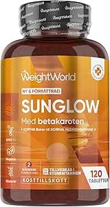 Solbränna - 120 Sunglow-tabletter - Betakaroten-solbränna med vitamin B2 & B3, zink, koppar & jod - Glutenfri & icke-GMO - Tillverkad i Storbritannien