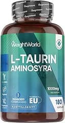 L Taurin Kapslar – 1000 mg per portion – 180 veganska aminosyrakapslar – Taurin aminosyra kapslar – 3 månaders förråd – Alternativ till taurinpulver eller tabletter – 2 kapslar dagligen – WeightWorld