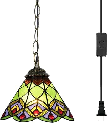 Tiffany pendellampa 8 tum Grön påfågelsstjärt Hängande lampa Tiffany Hängande lampa i målat glas Höjdjusterbar hängande lampa med 18 fot kabel