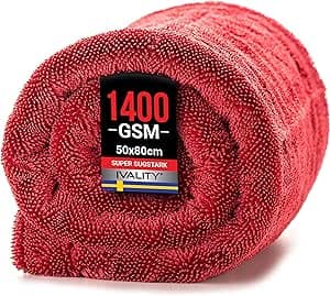 Ivality XXL torkhandduk för bil 80x50 cm – 1400 GSM mikrofiberduk, luddfri och säker för lacken, ultraabsorberande rengöringsduk för fordon - Röd – Bästa premiumvalet – torkduk bil bäst i test 2026